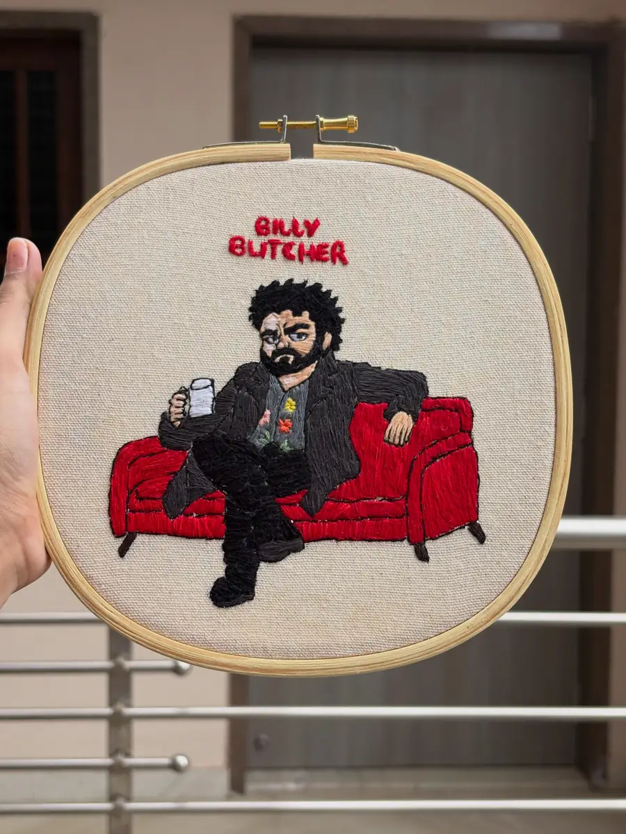 Billy Butcher, Red Couch, hand embroidery by Haré Creations
