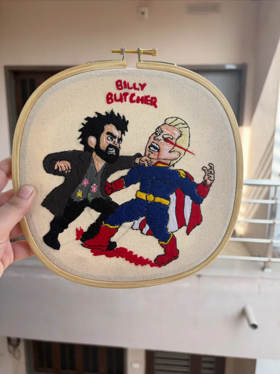Butcher vs Homelander, hand embroidery by Haré Creations