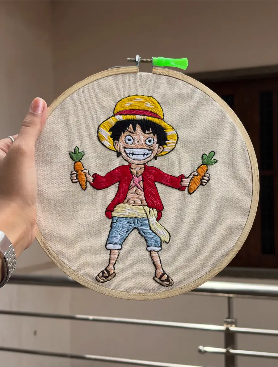 Luffy & the Carrots, hand embroidery by Haré Creations
